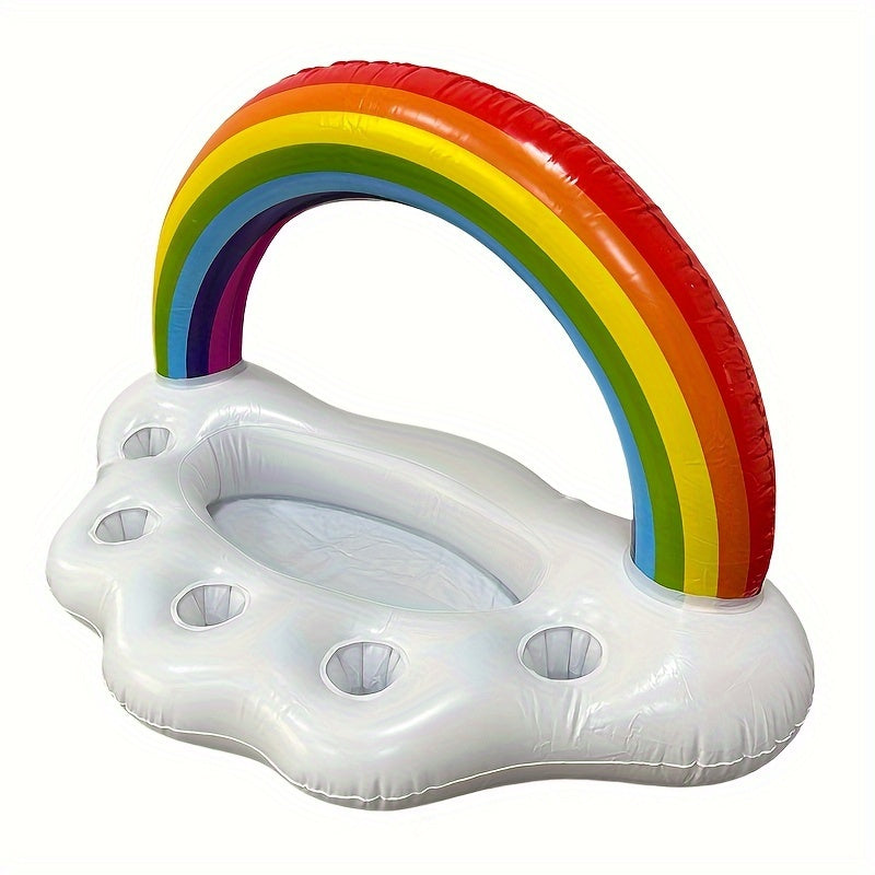 Rainbow Cloud Inflatable Pool Float Drink Holder with Ice Bucket, PVC Floating Beverage Caddy for Swimming, Beach Parties & Outdoor Leisure, 14+ Age Group, Uncharged - 5 Cup Slots