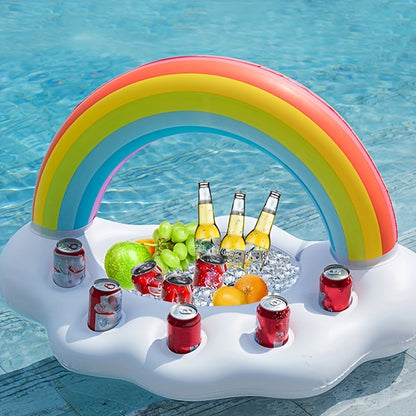 Rainbow Cloud Inflatable Pool Float Drink Holder with Ice Bucket, PVC Floating Beverage Caddy for Swimming, Beach Parties & Outdoor Leisure, 14+ Age Group, Uncharged - 5 Cup Slots