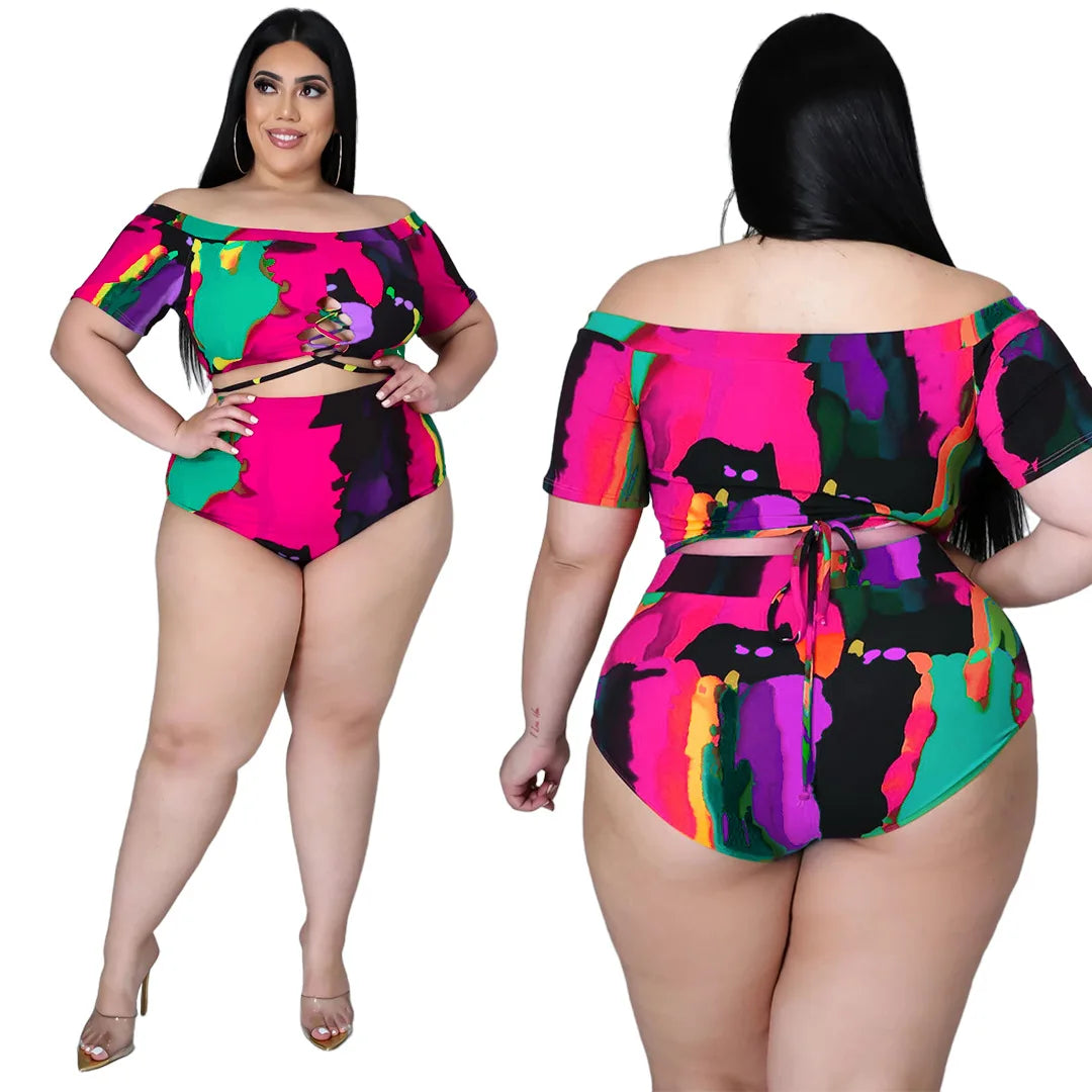 XL-5XL Plus Size two piece set Swimsuit summer 2021 Sexy printing Bandage top and shorts outfits women