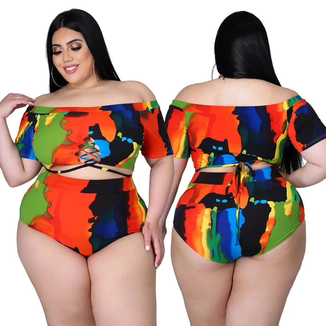 XL-5XL Plus Size two piece set Swimsuit summer 2021 Sexy printing Bandage top and shorts outfits women