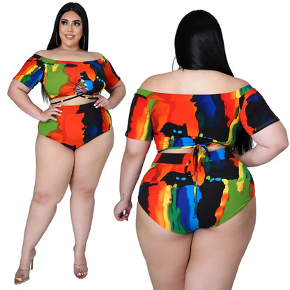 XL-5XL Plus Size two piece set Swimsuit summer 2021 Sexy printing Bandage top and shorts outfits women