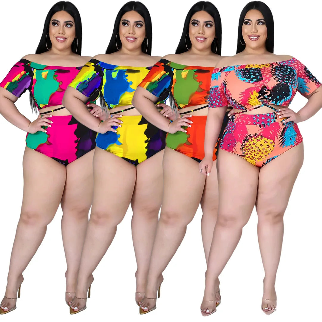 XL-5XL Plus Size two piece set Swimsuit summer 2021 Sexy printing Bandage top and shorts outfits women