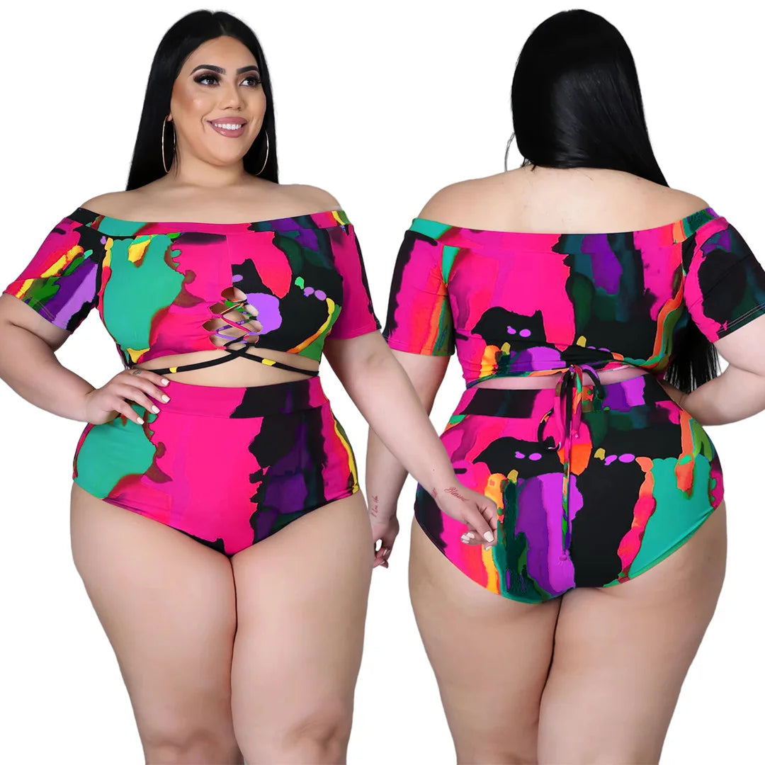 XL-5XL Plus Size two piece set Swimsuit summer 2021 Sexy printing Bandage top and shorts outfits women