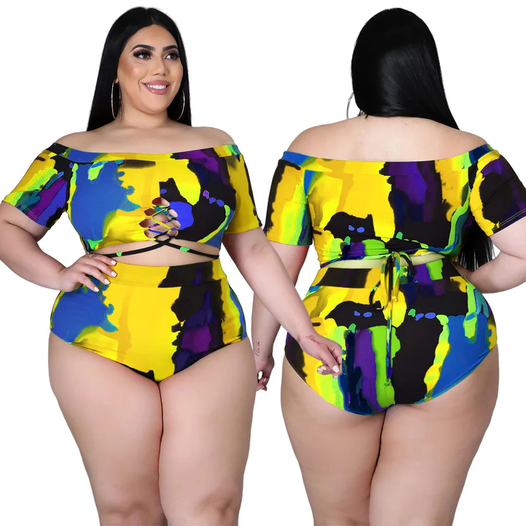 XL-5XL Plus Size two piece set Swimsuit summer 2021 Sexy printing Bandage top and shorts outfits women