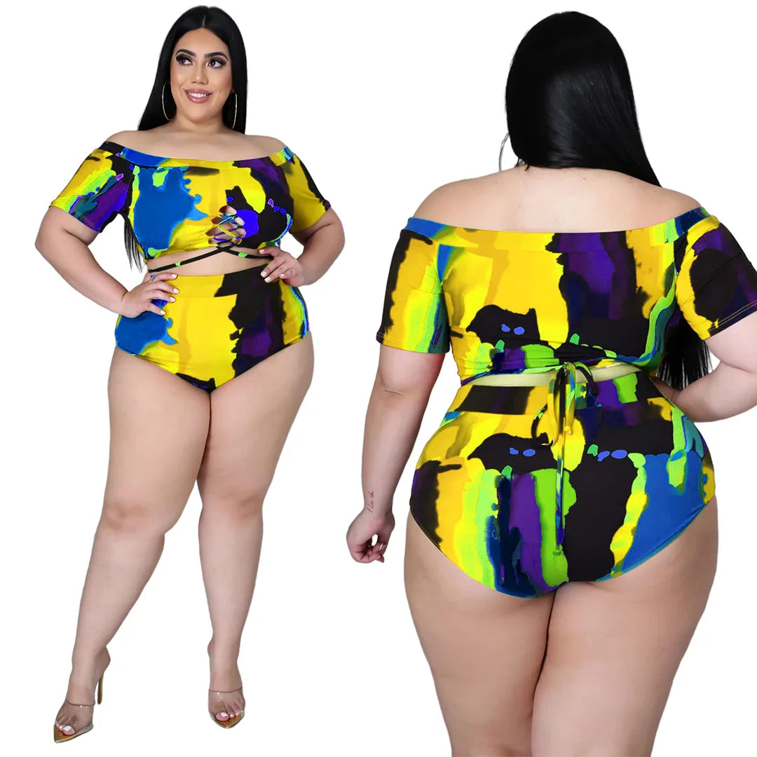 XL-5XL Plus Size two piece set Swimsuit summer 2021 Sexy printing Bandage top and shorts outfits women