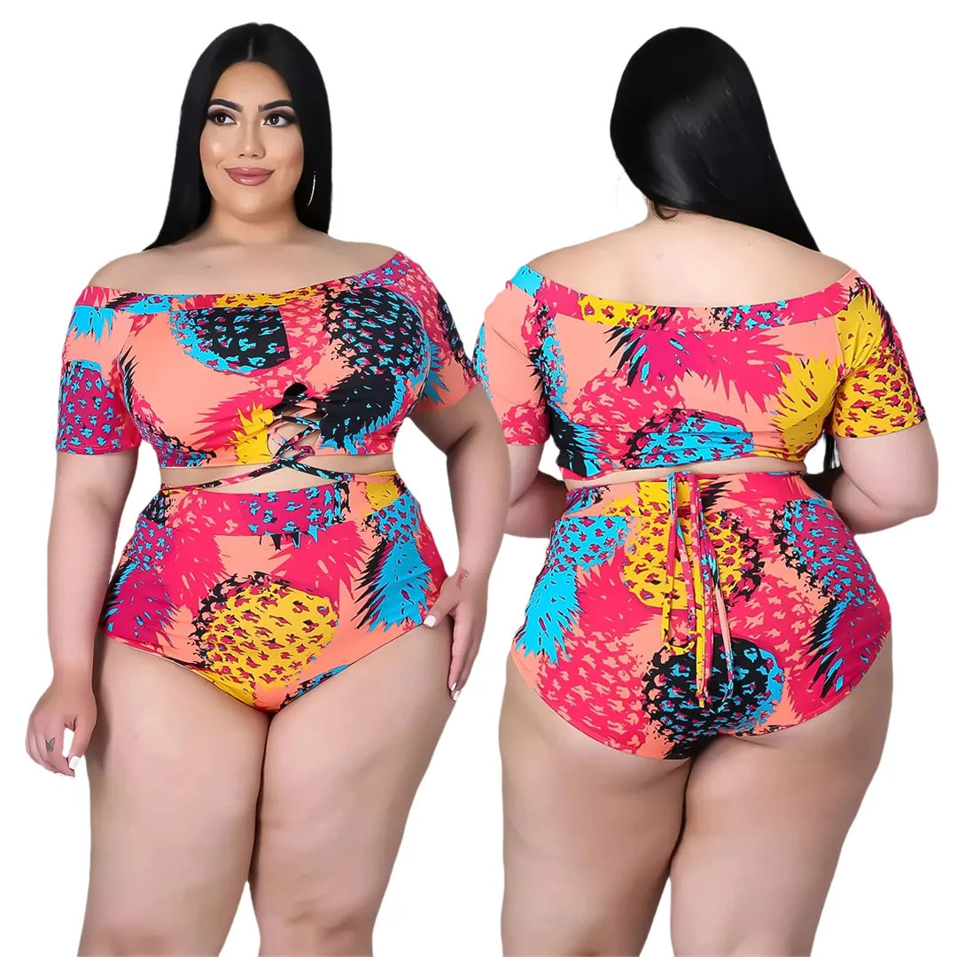 XL-5XL Plus Size two piece set Swimsuit summer 2021 Sexy printing Bandage top and shorts outfits women