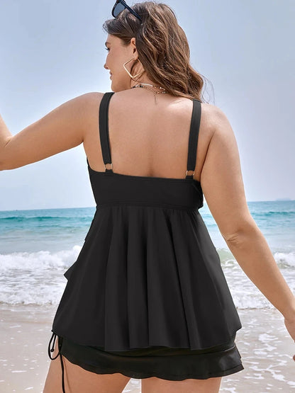 Plus Size Two Piece Tankini Set Woman Swimsuit Knotted Front Ruffle  Swim Dress Abdomen Control Swimwear 2 Pieces