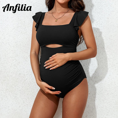 Anfilia Women Maternity Fashion One-Piece Monikini Ruffle  Bandeau Skinny Bow Knot  Swimsuit Solid High Elastic Swimwear