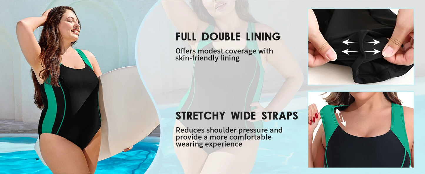 Attraco Women Plus Size Sports One-Piece Swimsuit Racerback Full Double Lining  Color Block Removable Pads High Elastic Swimwear