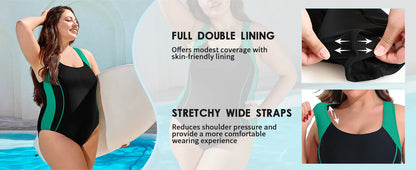 Attraco Women Plus Size Sports One-Piece Swimsuit Racerback Full Double Lining  Color Block Removable Pads High Elastic Swimwear