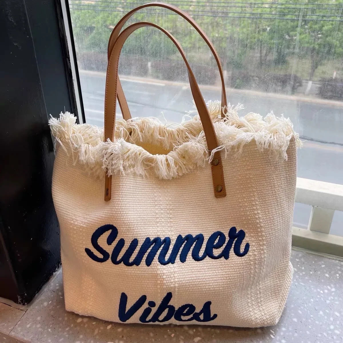 Casual Canvas Large Tote Bag with "Summer Vibes" text, featuring high-quality canvas and durable lining.