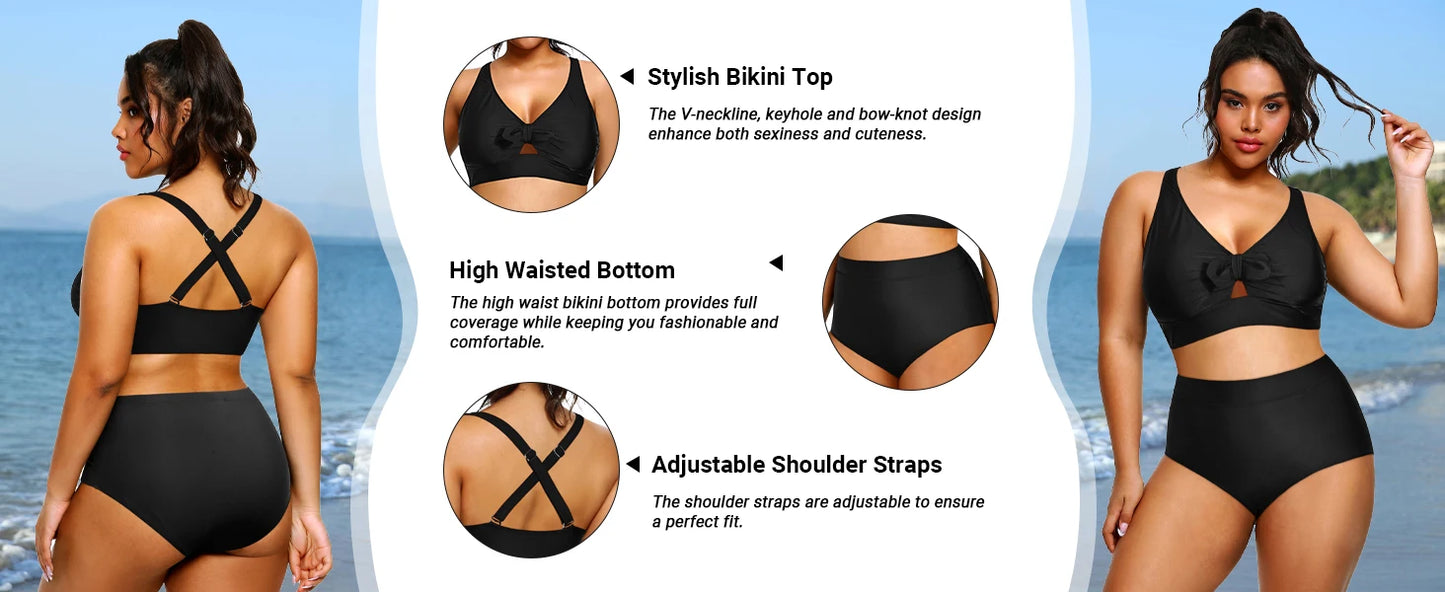 2024 Women Swimwear Plus Size Black Stylish Two Piece Bikini Set Tummy Control High Waisted Swimsuits Beach Bathing Suits