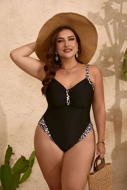 Plus Size Slim One Piece Swimwear Pure Black Leopard Print One Piece Swimsuit