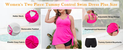 Women Plus Size Two Piece Swimsuits V Neck Halter Elegant Tankini Swimdress Asymmetrical Hem Swimdress High Waist Swimwear