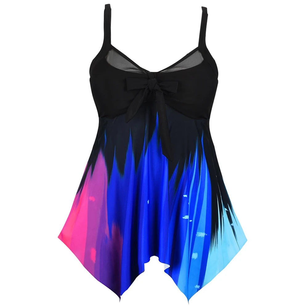 Summer New Plus Size Backless Swimdress Suit Print Beachwear Tankini Swimwear Tank+Swim Shorts Two-piece Breathable Bikini Set