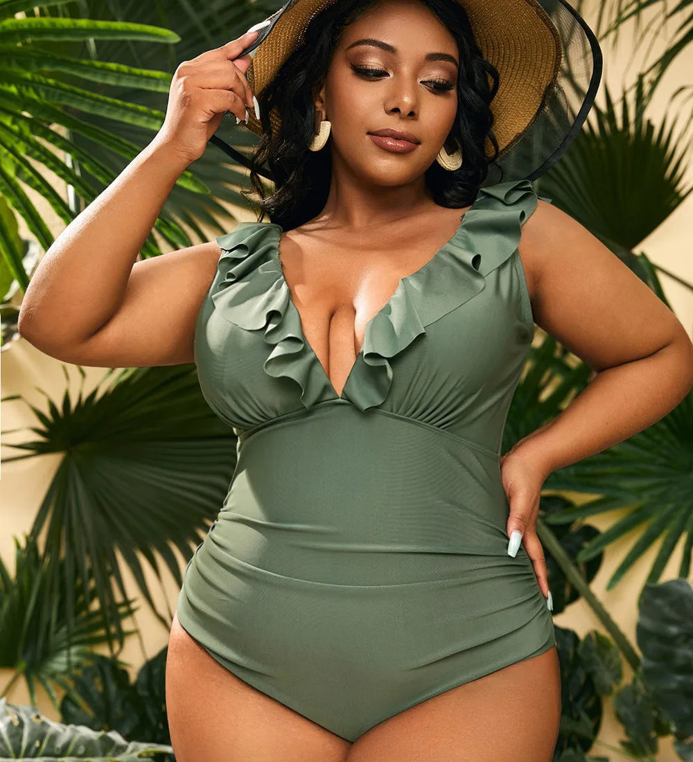 VigoJany 2025 Verge Strapped Plus Size Swimwear Women V Neck Beach One Piece Swimsuit Backless Summer Bathing Suit Beachwear