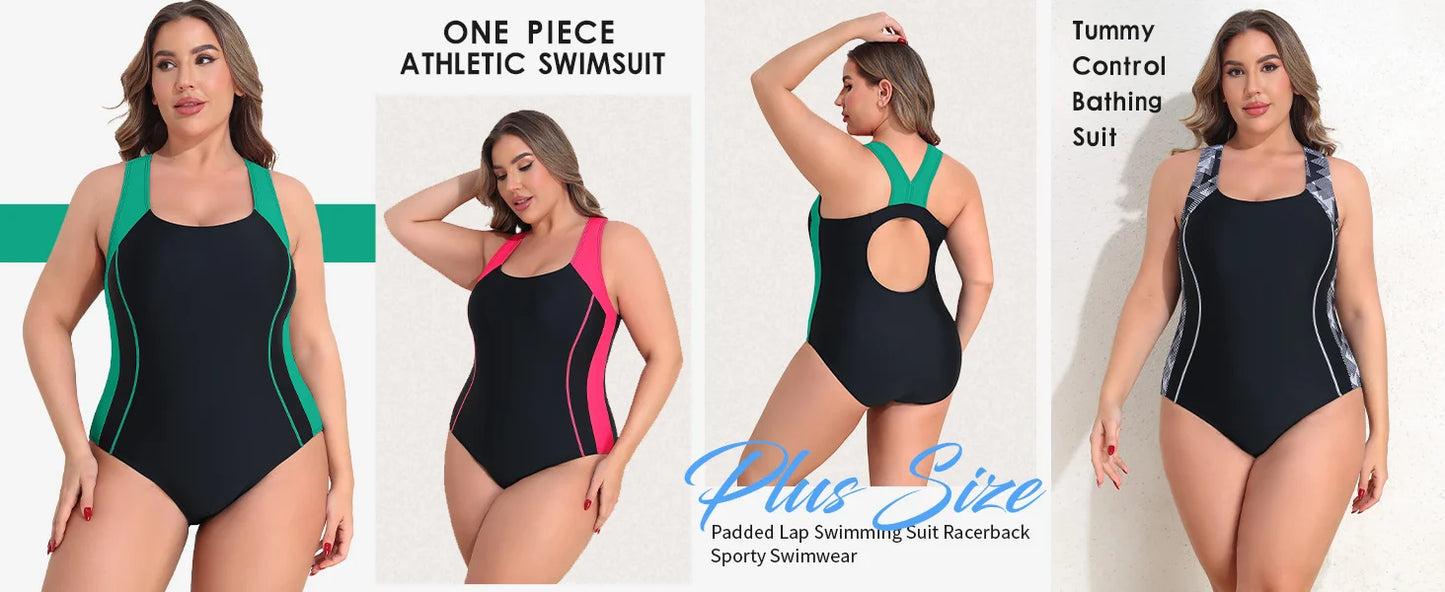 Attraco Women Plus Size Sports One-Piece Swimsuit Racerback Full Double Lining  Color Block Removable Pads High Elastic Swimwear