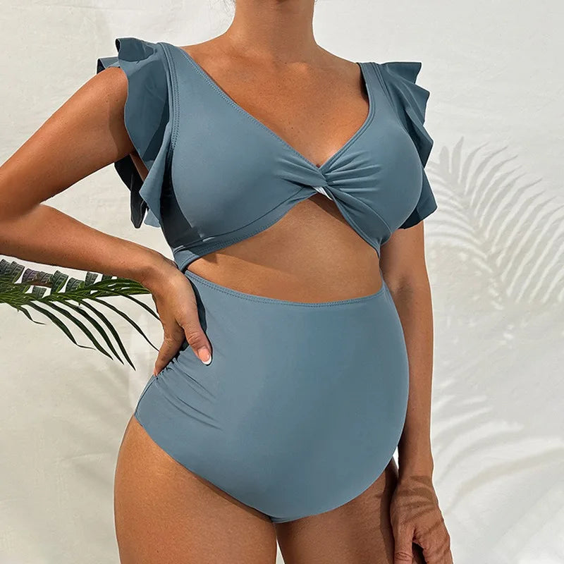 Matenrity Swimsuit Premama V Neck Hollow Out One-pieces Bathing Suit Pregnant Women's Beach Swimwear Bikinis