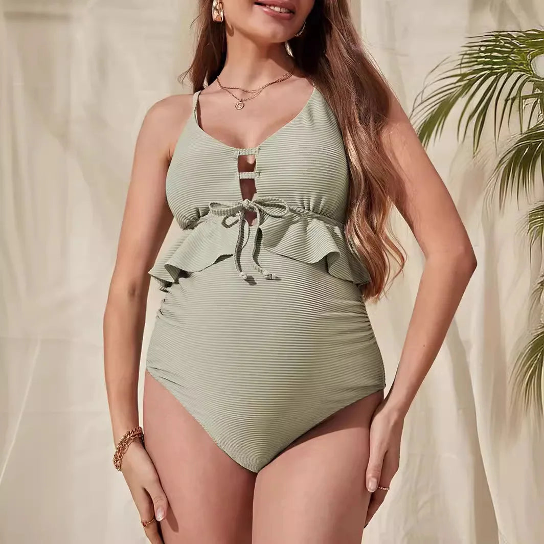 Suit for Pregnant Women Swimwear Summer Elegance Maternity Ruffled Solid Color Streak Bow One-piece Swimsuit Mother Clothing