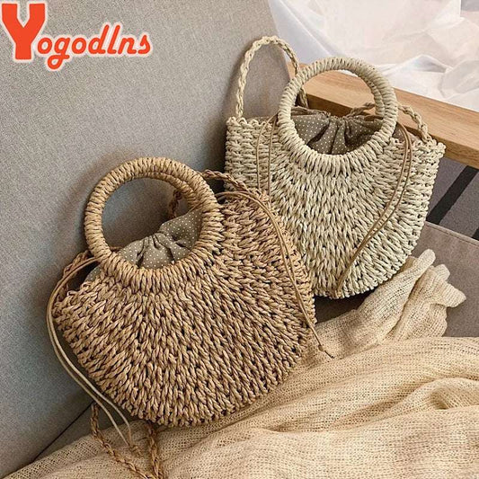 Yogodlns Handmade Half-Round Rattan Woven Straw Bag