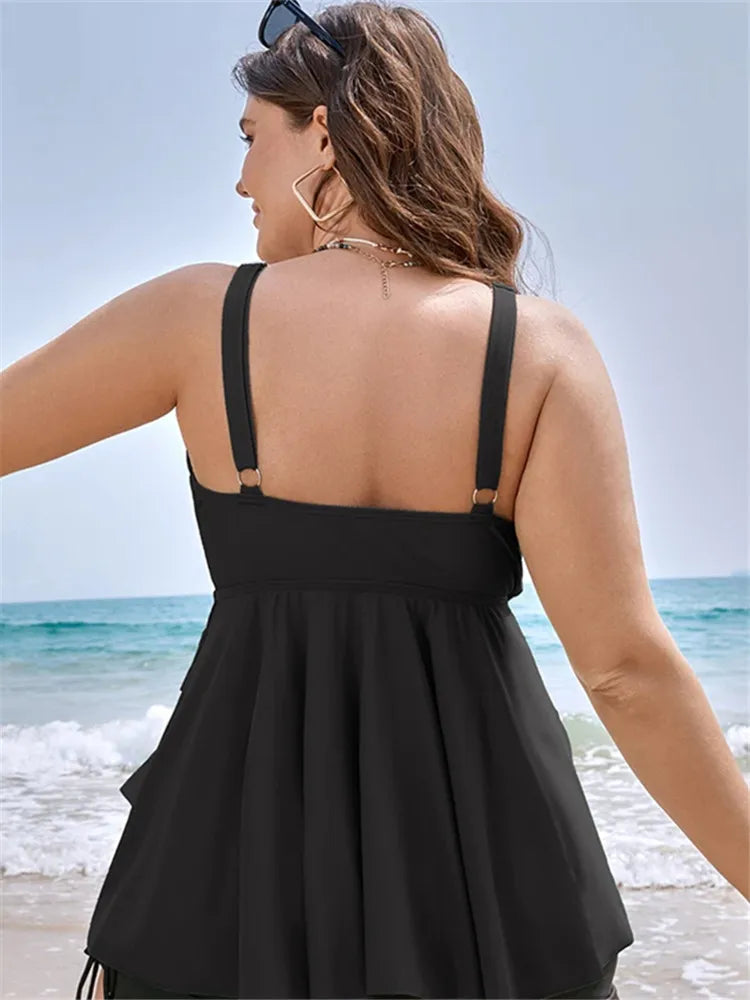 Plus Size Two Piece Tankini Set Woman Swimsuit Knotted Front Ruffle  Swim Dress Abdomen Control Swimwear 2 Pieces