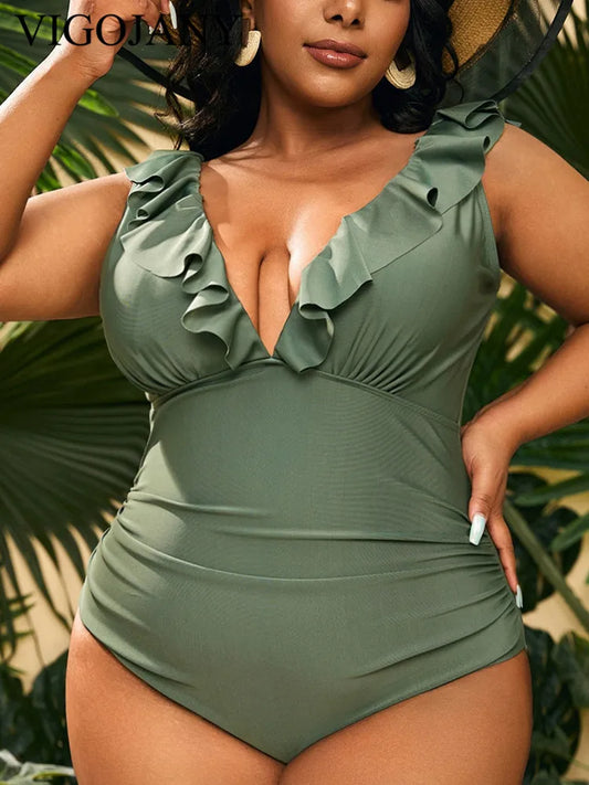 VigoJany 2025 Verge Strapped Plus Size Swimwear Women V Neck Beach One Piece Swimsuit Backless Summer Bathing Suit Beachwear