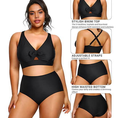 2024 Women Swimwear Plus Size Black Stylish Two Piece Bikini Set Tummy Control High Waisted Swimsuits Beach Bathing Suits