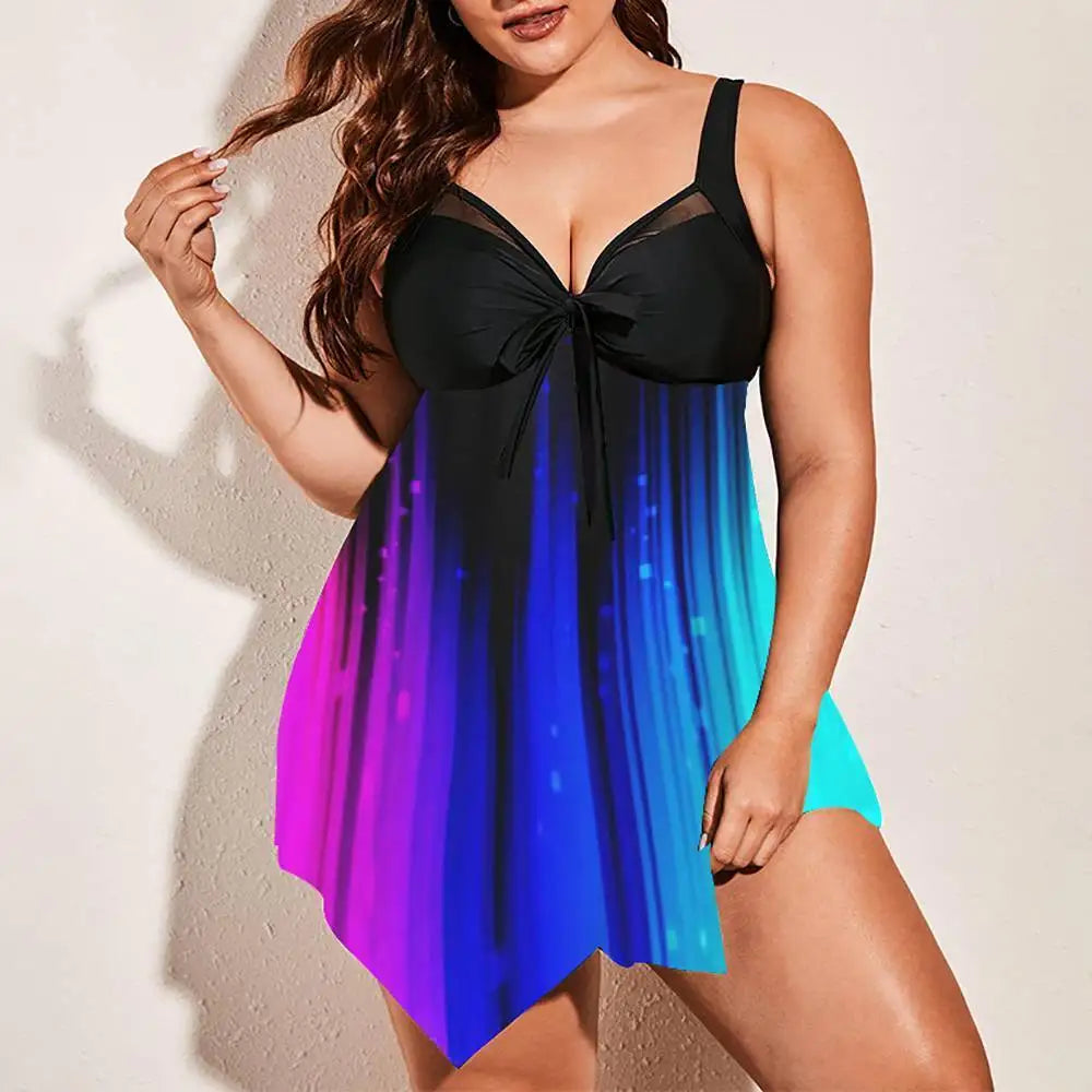 Summer New Plus Size Backless Swimdress Suit Print Beachwear Tankini Swimwear Tank+Swim Shorts Two-piece Breathable Bikini Set