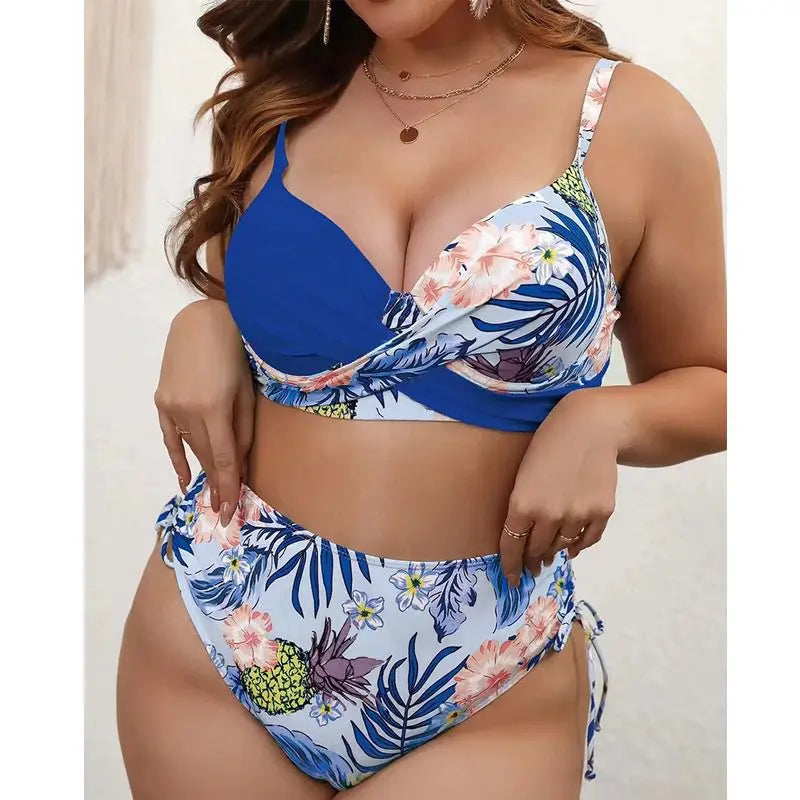 VigoJany 2025 Patchwork Strapped 2 Piece Plus Size Bikini Women High Waist Push UP Swimsuit Backless Beach Bathing Suit