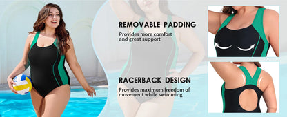 Attraco Women Plus Size Sports One-Piece Swimsuit Racerback Full Double Lining  Color Block Removable Pads High Elastic Swimwear