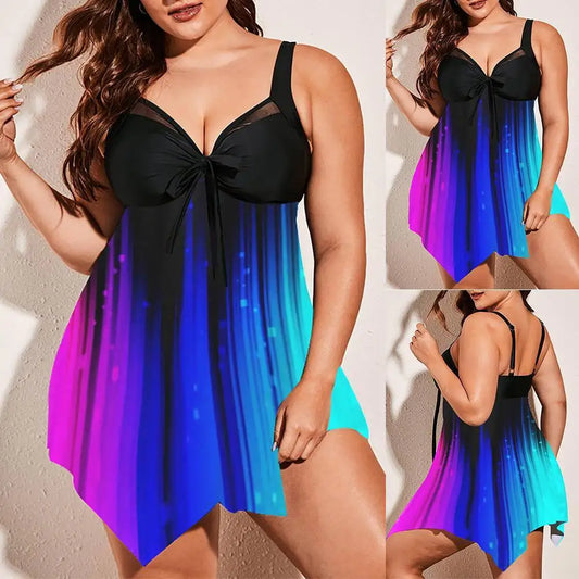 Summer New Plus Size Backless Swimdress Suit Print Beachwear Tankini Swimwear Tank+Swim Shorts Two-piece Breathable Bikini Set