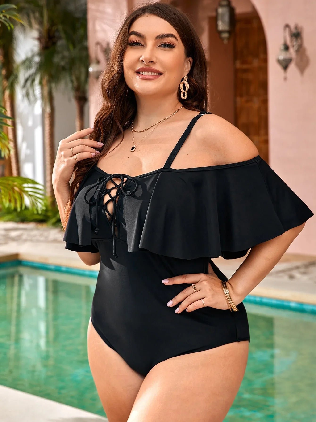 2025 New Strapped One Piece Swimsuit Women Drawstring Plus Size Swimwear Large Ruffled Bathing Suit Monokini 4XL